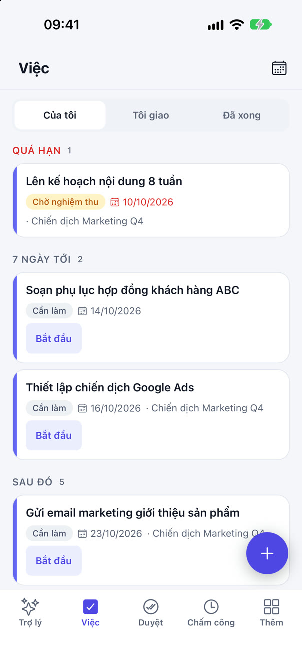 Màn Việc của tôi trên iPhone, nhóm theo Quá hạn, 7 ngày tới và Sau đó